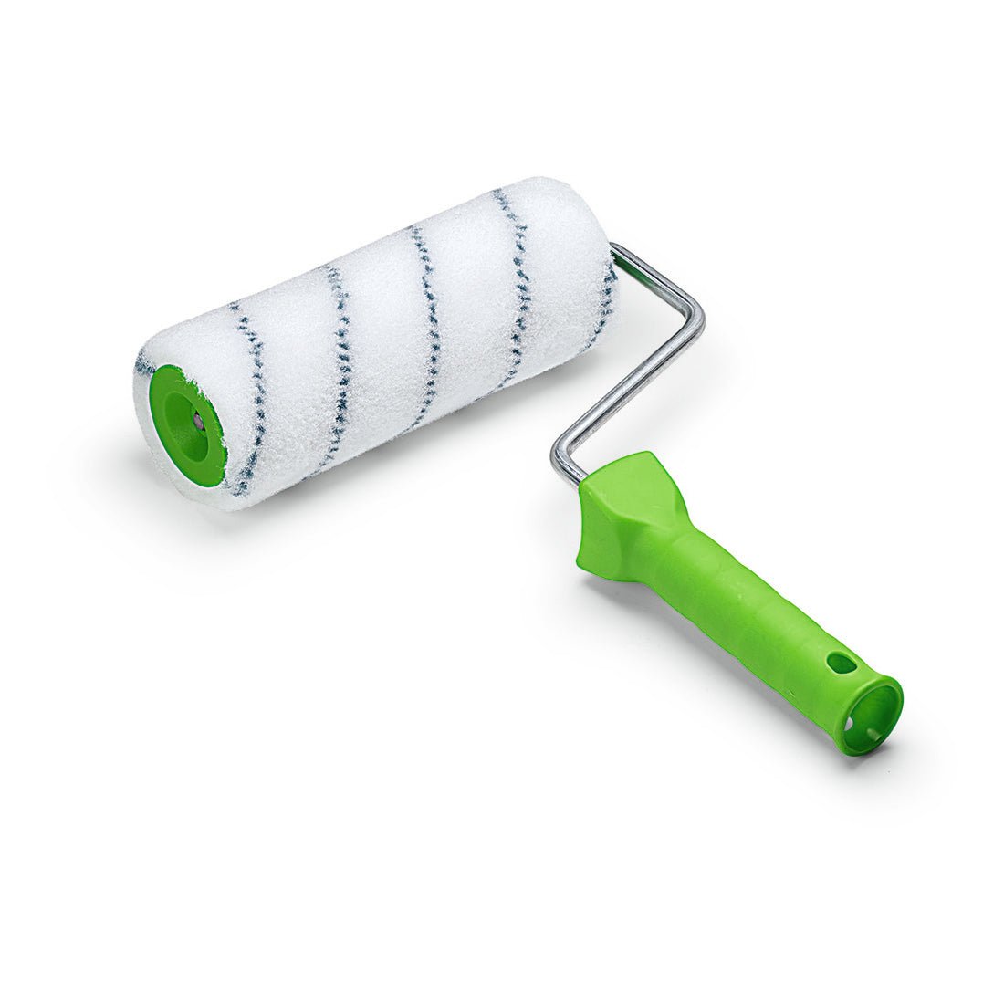 A Nölle Profi Brush Rolo de Pintura Nylon 18 cm, 13 mm de altura de pelo da Nölle Profi Brush Bürsten- & Pinseltechnik e.K. é ideal para pintura profissional. Possui um revestimento branco com listras pretas e um cabo verde - sobre um fundo branco.
