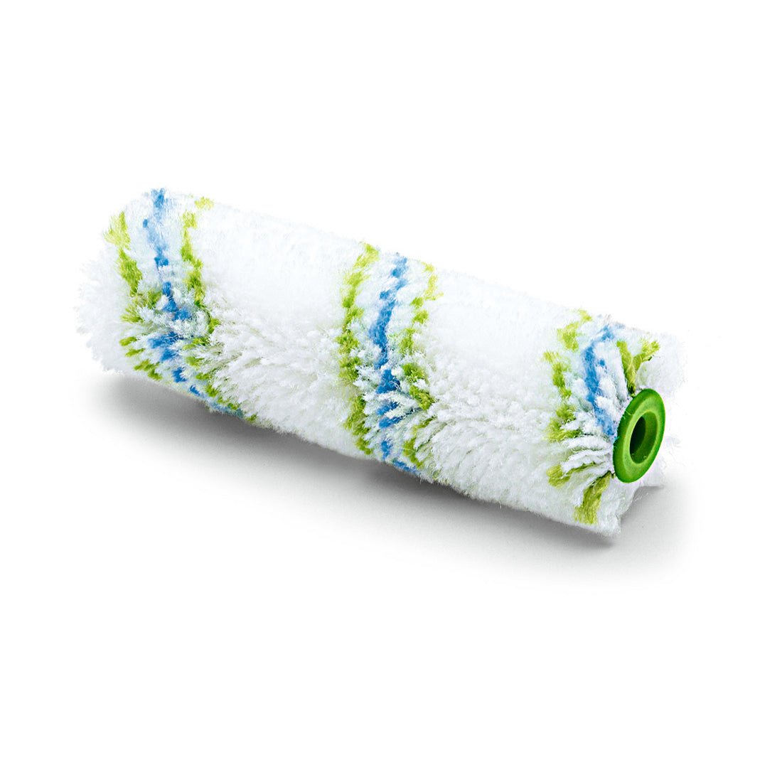 A Nölle Profi Brush Meisterflor Kleinfläachenwalze 10 cm / Ø 17 mm da Nölle Profi Brush Bürsten- & Pinseltechnik e.K. apresenta listras azuis e verdes com núcleo de plástico verde sobre fundo branco sólido.