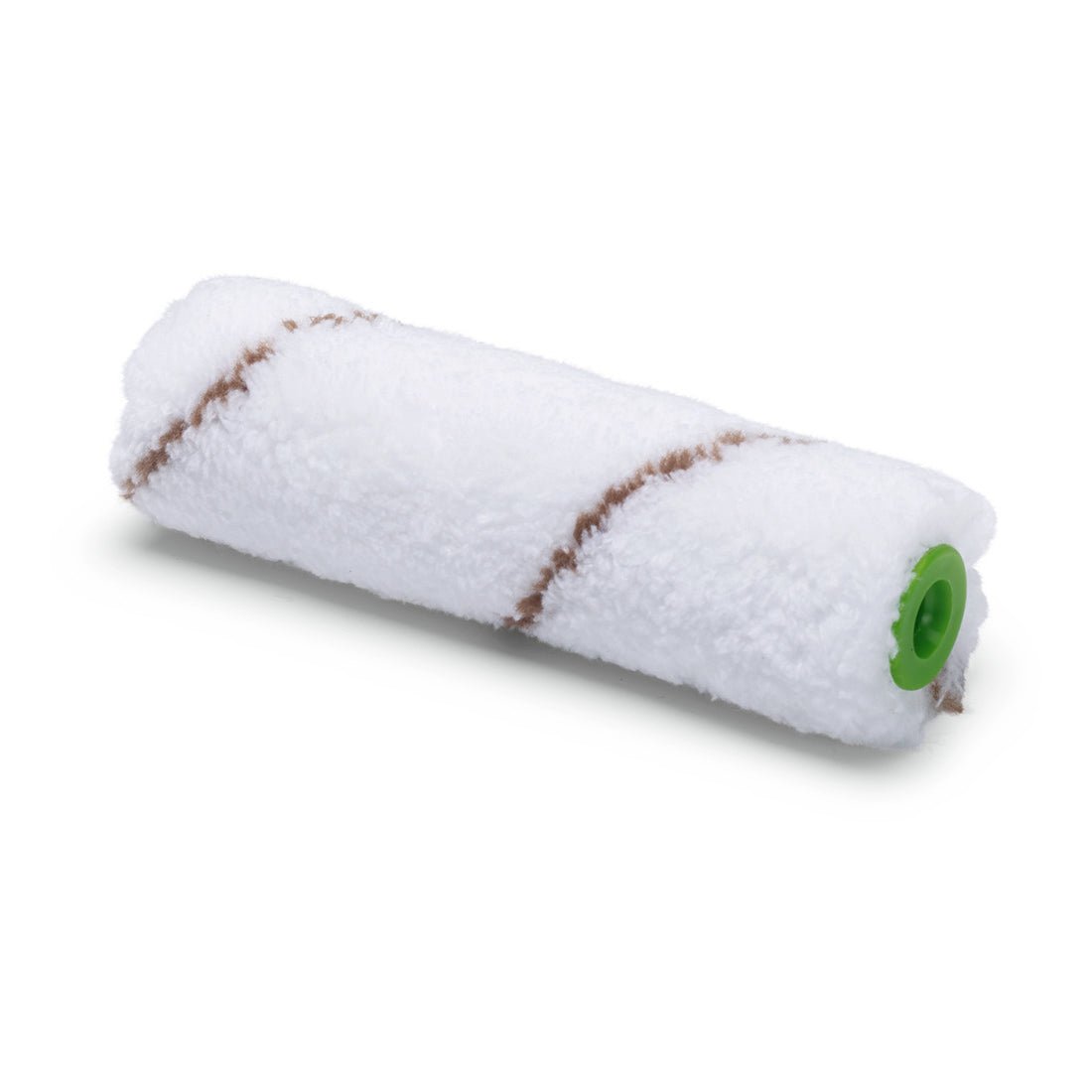 Uma Nölle Profi Brush Microfaser Kleinflächenwalze 10 cm, 9 mm de altura de pelo de Nölle Profi Brush Bürsten- & Pinseltechnik e.K., ideal para pintura de pequenas superfícies, com duas listras marrons e extremidade verde, em fundo branco.