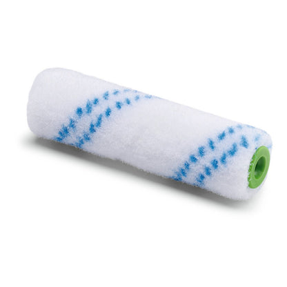 O rolo de pintura de nylon de 10 cm Nölle Profi Brush Kleinflächenwalze, da Nölle Profi Brush Bürsten- & Pinseltechnik e.K., com listras azuis e núcleo de plástico verde, está ilustrado em fundo branco.