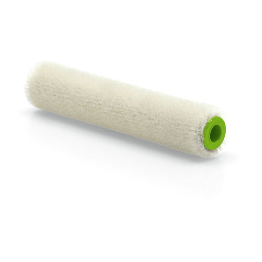 O rolo de pintura Mohair Nölle Profi Brush 10 cm (4 mm de altura de pêlo) da Nölle Profi Brush Bürsten- & Pinseltechnik e.K., ideal para superfícies lisas, possui um revestimento cilíndrico branco com núcleo de plástico verde sobre fundo branco.