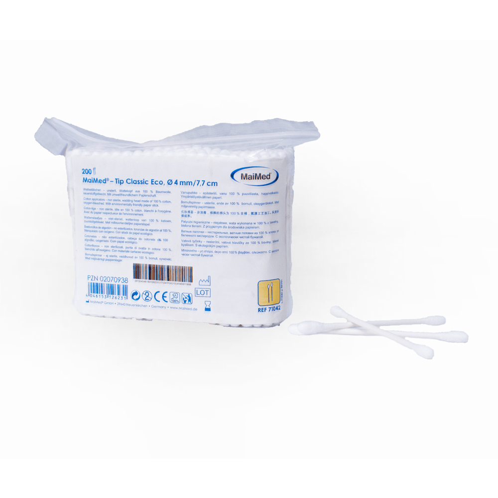 MaiMed -Tip Classic ECO (cabeça pequena) cotonetes não estéreis, bastão de papelão, 200 peças/saco | Pacote (200 peças)