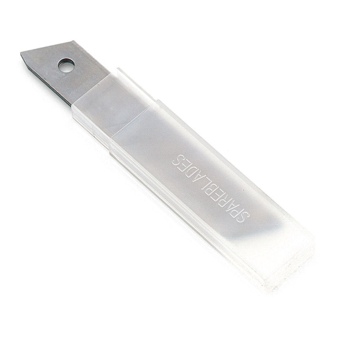 Um estojo retangular transparente com a inscrição "SPARE BLADES" contém lâminas destacáveis Nölle Profi Brush da Nölle Profi Brush Bürsten- & Pinseltechnik e.K., com uma lâmina de alta qualidade parcialmente visível e um orifício próximo à borda.