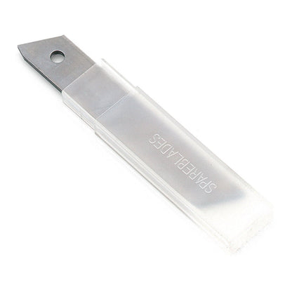 Um estojo retangular transparente com a inscrição "SPARE BLADES" contém lâminas destacáveis Nölle Profi Brush da Nölle Profi Brush Bürsten- & Pinseltechnik e.K., com uma lâmina de alta qualidade parcialmente visível e um orifício próximo à borda.