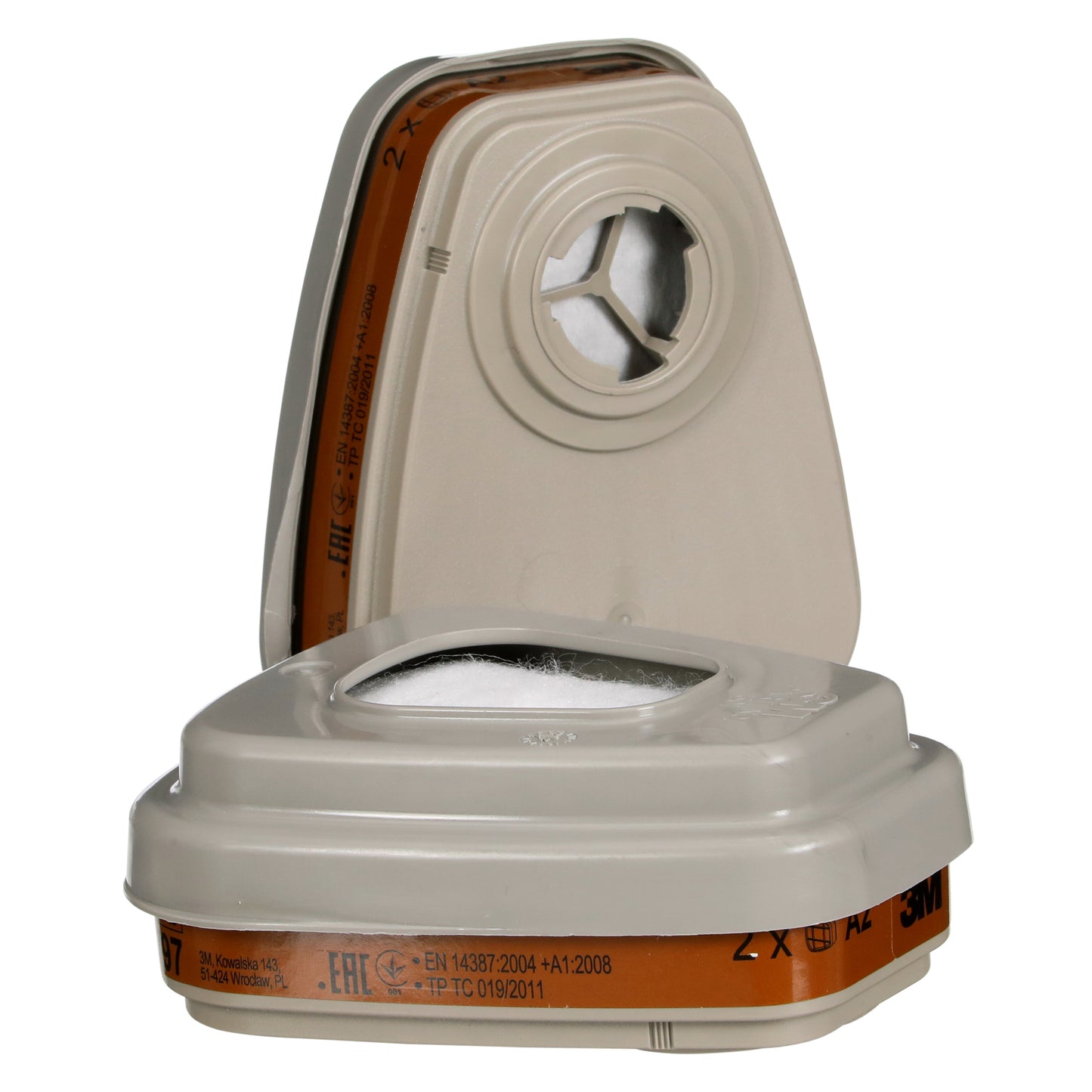 Zwei beigefarbene rechteckige 3M™ Filtersatz 6003-1SP Kartuschen (A2P3, 2x6055, 2x5935, 2x501) der 3M Deutschland GmbH filtern organische Dämpfe und Partikel in Schutzmasken. Die Packung enthält einen Satz.