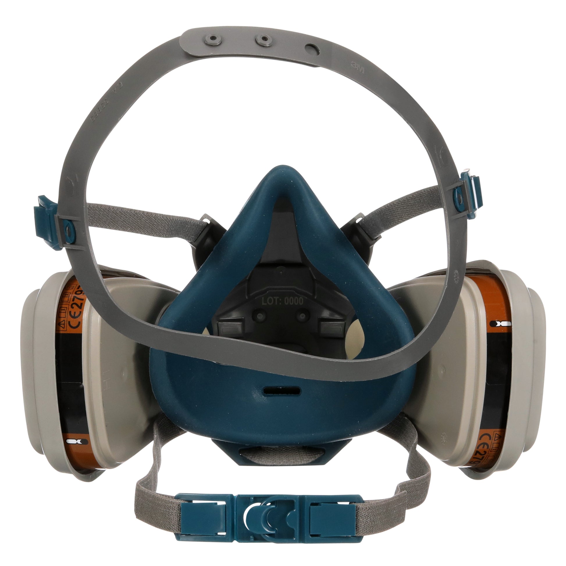 Eine Nahaufnahme der 3M™ Quick Latch-Atemschutzmaske 6502QLKIT-1 der 3M Deutschland GmbH mit verstellbaren Gurten, blauem Nasen- und Mundschutz und zwei A2P3-Filterpatronen (1x6502, 2x6055, 2x5935, 2x501).