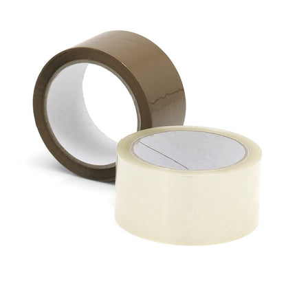 Duas rolos de fita adesiva Nölle Profi Brush Packband da Nölle Profi Brush Bürsten- & Pinseltechnik e.K. - uma marrom e outra transparente - são mostrados sobre um fundo branco, cada um parcialmente desenrolado para mostrar o lado adesivo para facilitar a embalagem.