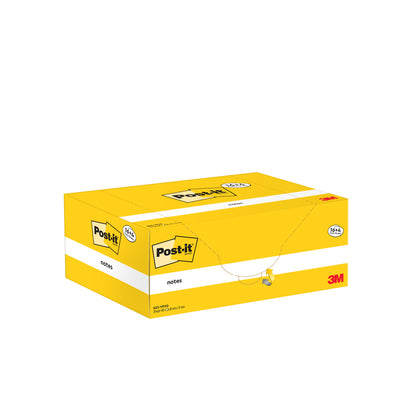 Na imagem, um pacote promocional amarelo-branco de Notas Post-it® (3M Deutschland GmbH), amarelo, 38x51mm, 100 folhas/bloco, 16 blocos + 4 grátis, 100% certificado PEFC (SGSCH-PEFC-COC-110078), em frente a um fundo branco.