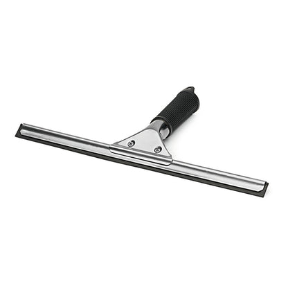 Der Nölle Profi Brush Fensterwischer Edelstahl von Nölle Profi Brush Bürsten- & Pinseltechnik e.K. mit schwarzer Gummilippe und Griff sorgt für streifenfreie Sauberkeit - auf weißem Hintergrund präsentiert.