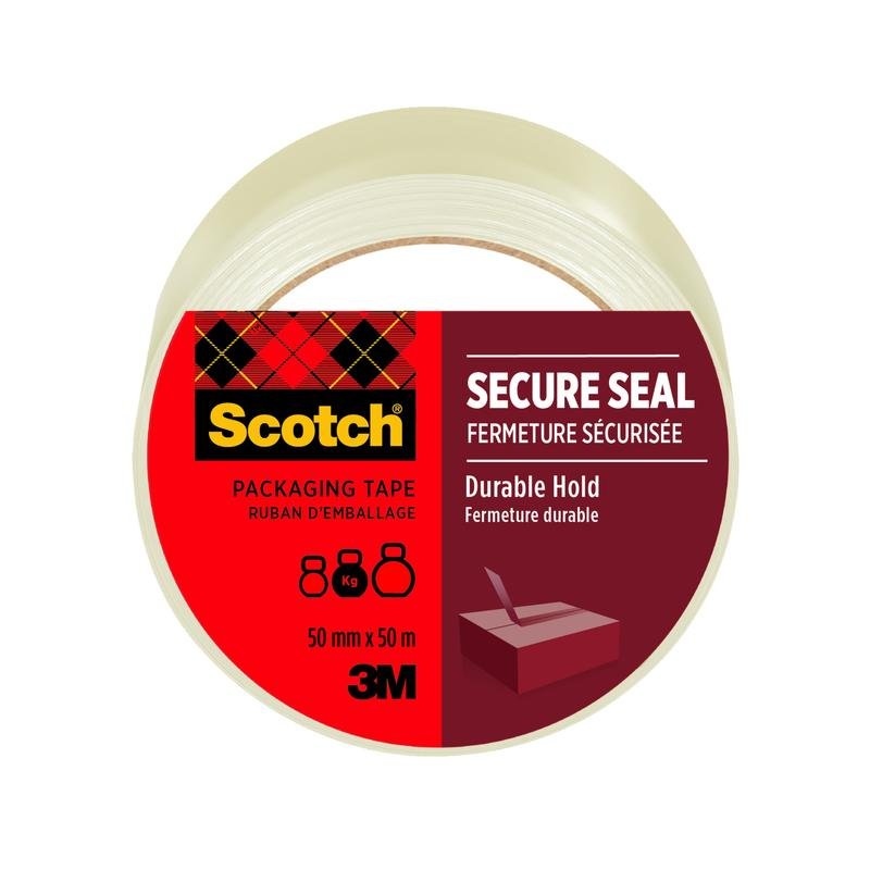 Um rolo de fita adesiva de embalagem Scotch® para um fecho seguro, 50 mm x 50 m, da 3M Deutschland GmbH, com um rótulo vermelho com pictogramas, texto bilíngue (inglês/francês) e as inscrições "SECURE SEAL" e "Durable Hold".