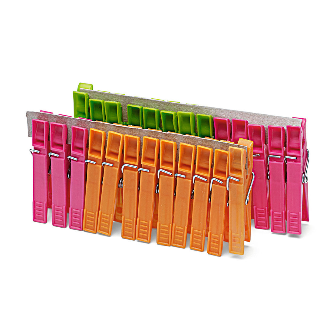 Die Nölle Profi Brush Wäscheklammern, stark aus Kunststoff (1 Stück) von Nölle Profi Brush Bürsten- & Pinseltechnik e.K. sind griffig und in leuchtenden Pink-, Orange- oder Grüntönen sauber auf einen Pappstreifen geklippt.