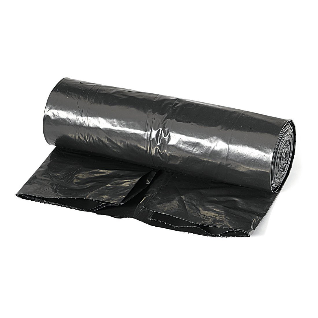Um saco de lixo Jumbo 240L, 60my, preto da Nölle Profi Brush Bürsten- & Pinseltechnik e.K. está parcialmente desenrolado e mostra a superfície brilhante, bem como as bordas perfuradas deste saco de lixo robusto.