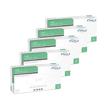 Luvas de exame de látex macio MaiMed, não estéreis, em pó, 100 peças/caixa