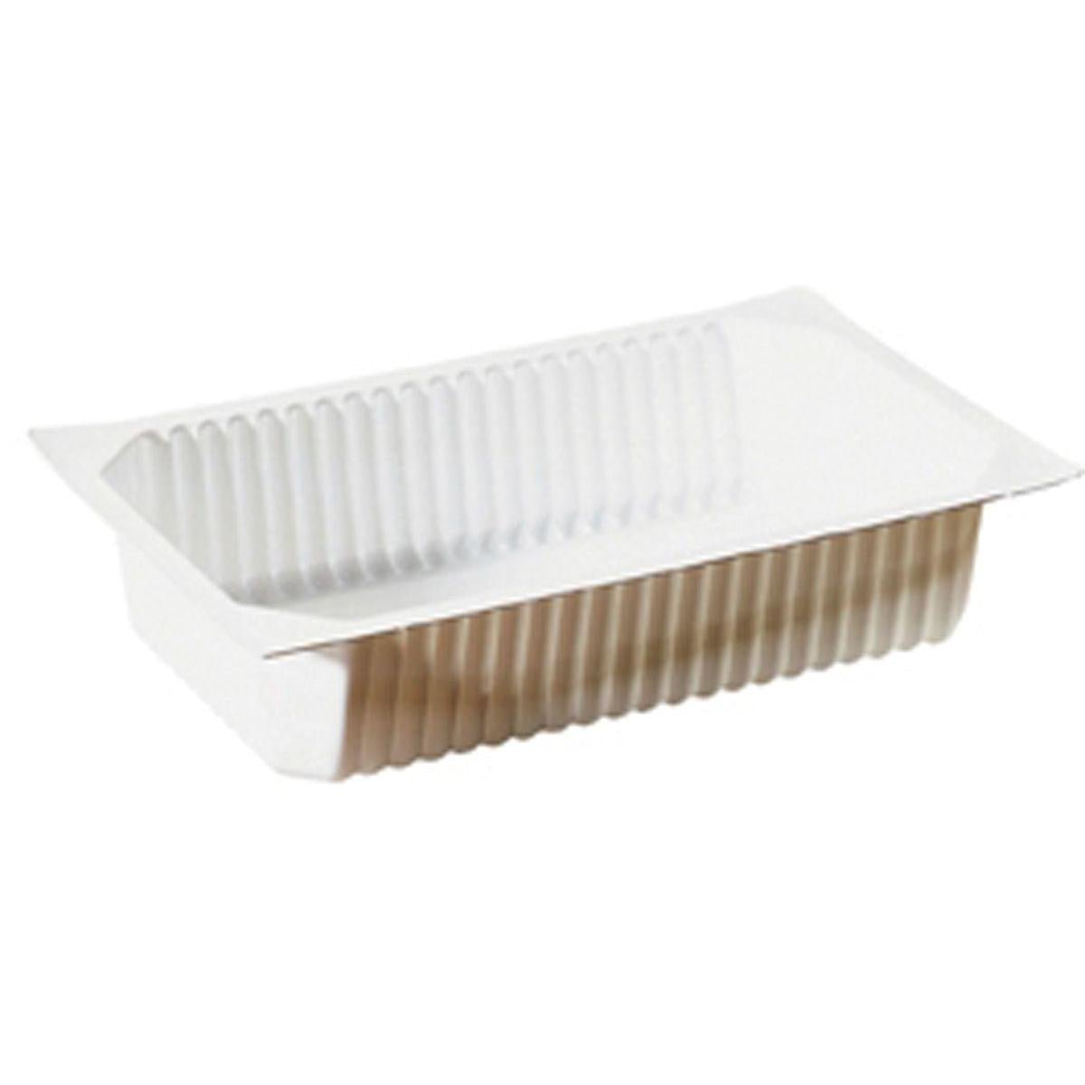 A Duni GmbH PP Schale 1/4 GN Branco PP é uma bandeja retangular branca com ranhuras, lados inclinados e fundo plano, perfeita para uso na gastronomia. Exibido em fundo branco.