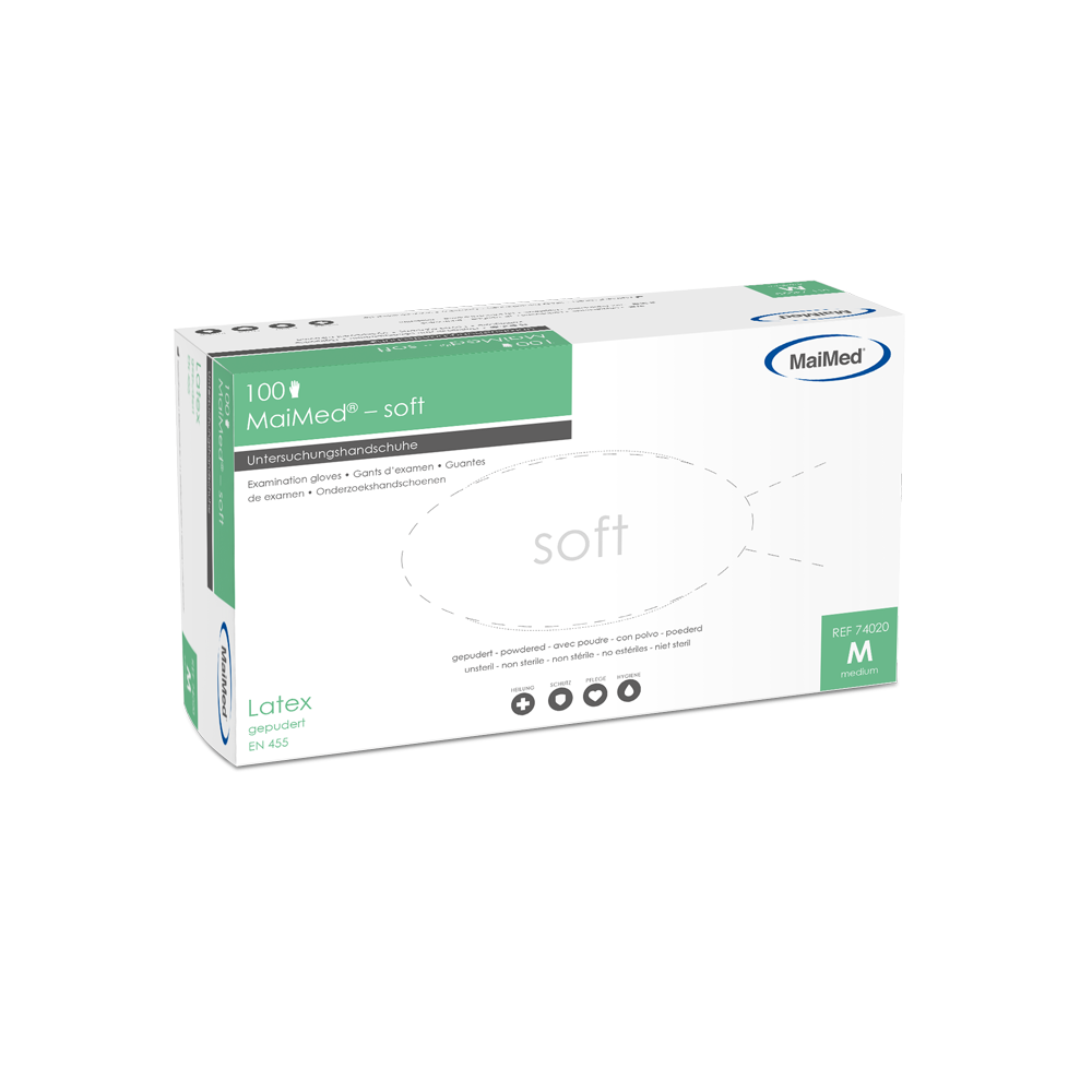 Luvas de exame de látex macio MaiMed, não estéreis, em pó, 100 peças/caixa