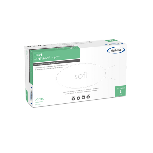 Luvas de exame de látex macio MaiMed, não estéreis, em pó, 100 peças/caixa