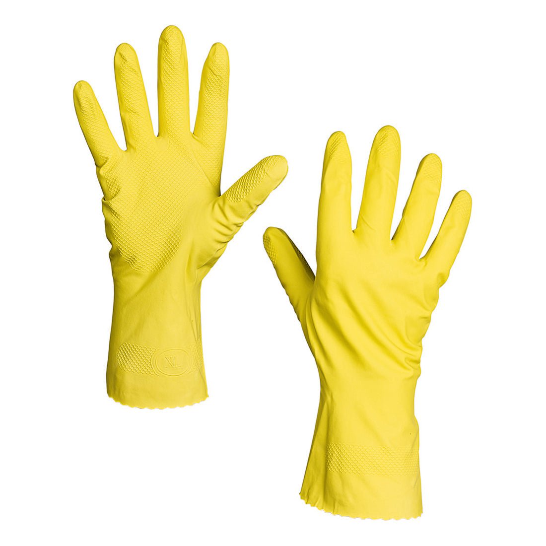 Um par de luvas de látex domésticas Nölle Profi Brush de cor amarela da Nölle Profi Brush Bürsten- & Pinseltechnik e.K., com superfície texturizada e punhos alongados - perfeito para as tarefas de limpeza diárias.