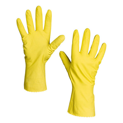Um par de luvas de látex domésticas Nölle Profi Brush de cor amarela da Nölle Profi Brush Bürsten- & Pinseltechnik e.K., com superfície texturizada e punhos alongados - perfeito para as tarefas de limpeza diárias.