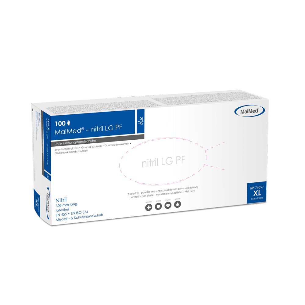 Luvas de nitrilo LG PF azuis MaiMed, não estéreis, sem pó, sem látex, comprimento 300 mm