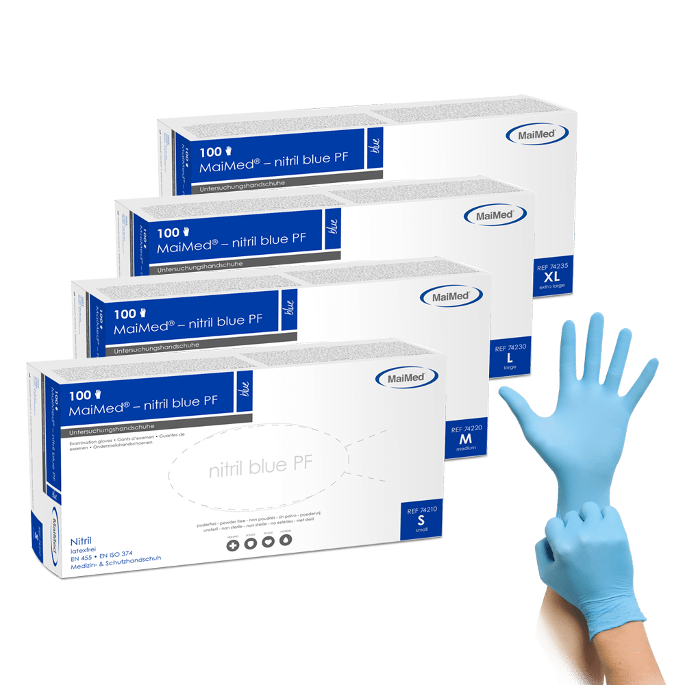 MaiMed-azul nitrilo PF Blue, não estéril, pó. Luvas sem látex 100 peças/caixa