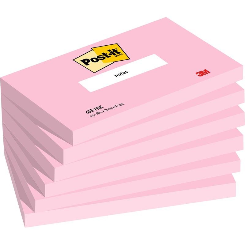Uma pilha de seis blocos de notas Post-it® rosa (76 x 127 mm, 100 folhas/bloco, 100% PEFC) da 3M Deutschland GmbH, com cada bloco exibindo o logotipo "Post-it" na parte superior e a inscrição "3M" no canto inferior direito.