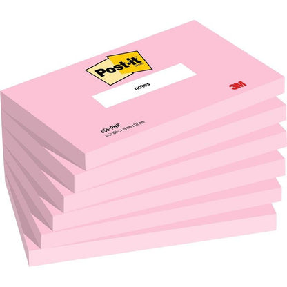 Uma pilha de seis blocos de notas Post-it® rosa (76 x 127 mm, 100 folhas/bloco, 100% PEFC) da 3M Deutschland GmbH, com cada bloco exibindo o logotipo "Post-it" na parte superior e a inscrição "3M" no canto inferior direito.