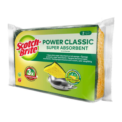 Um pacote de esponjas de limpeza Scotch-Brite® Classic da 3M Deutschland GmbH contém 2 esponjas amarelas com camada abrasiva verde, que são extra fortes e têm uma força de limpeza tripla.