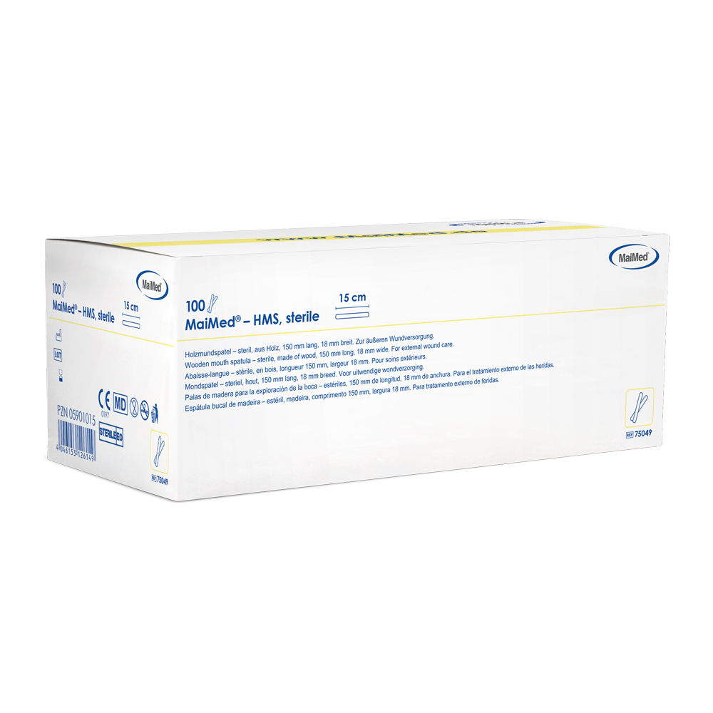 MaiMed - Abaixador de boca em madeira estéril HMS, 15cm de comprimento, 100x1 unid. embalado estéril | Caixa (100 peças)
