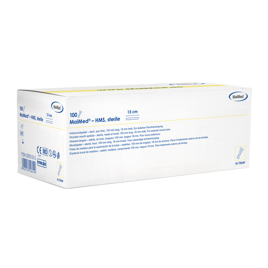 MaiMed - Abaixador de boca em madeira estéril HMS, 15cm de comprimento, 100x1 unid. embalado estéril | Caixa (100 peças)
