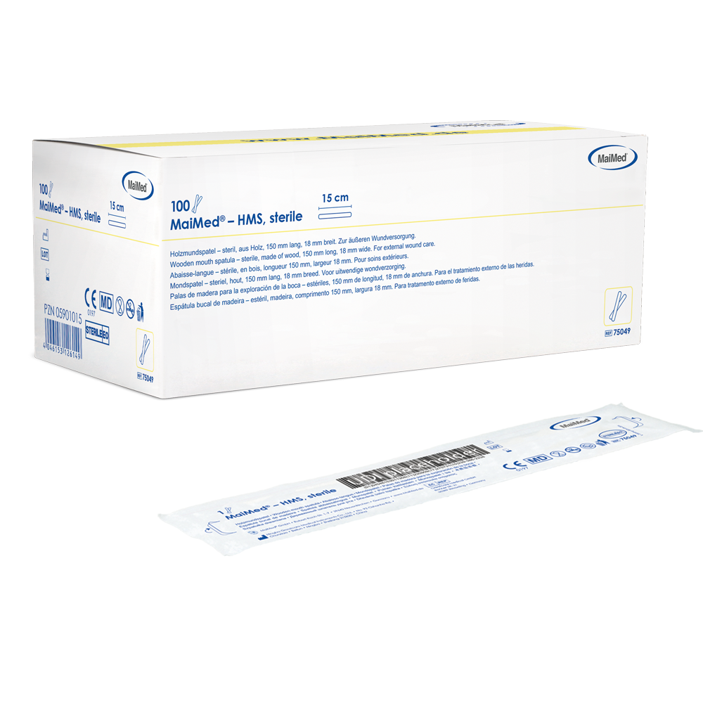MaiMed - Abaixador de boca em madeira estéril HMS, 15cm de comprimento, 100x1 unid. embalado estéril | Caixa (100 peças)