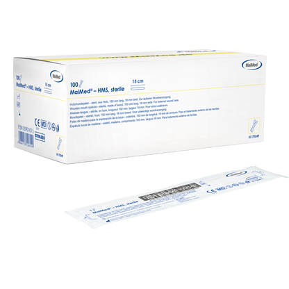 MaiMed - Abaixador de boca em madeira estéril HMS, 15cm de comprimento, 100x1 unid. embalado estéril | Caixa (100 peças)