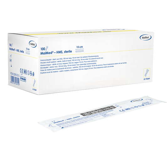 MaiMed - Abaixador de boca em madeira estéril HMS, 15cm de comprimento, 100x1 unid. embalado estéril | Caixa (100 peças)
