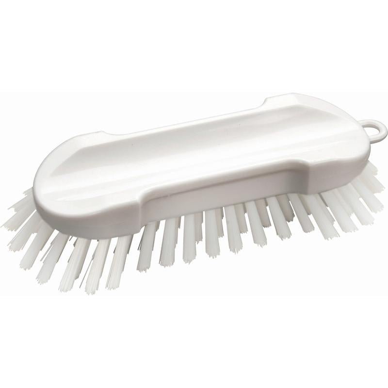 A escova de lavagem Diversey, branca, dura (190x65x30 mm), sem cabo, da Diversey Deutschland GmbH & Co. OHG convence com cerdas duras e cabo curvado - ideal para a limpeza eficaz, fotografada contra um simples fundo branco.