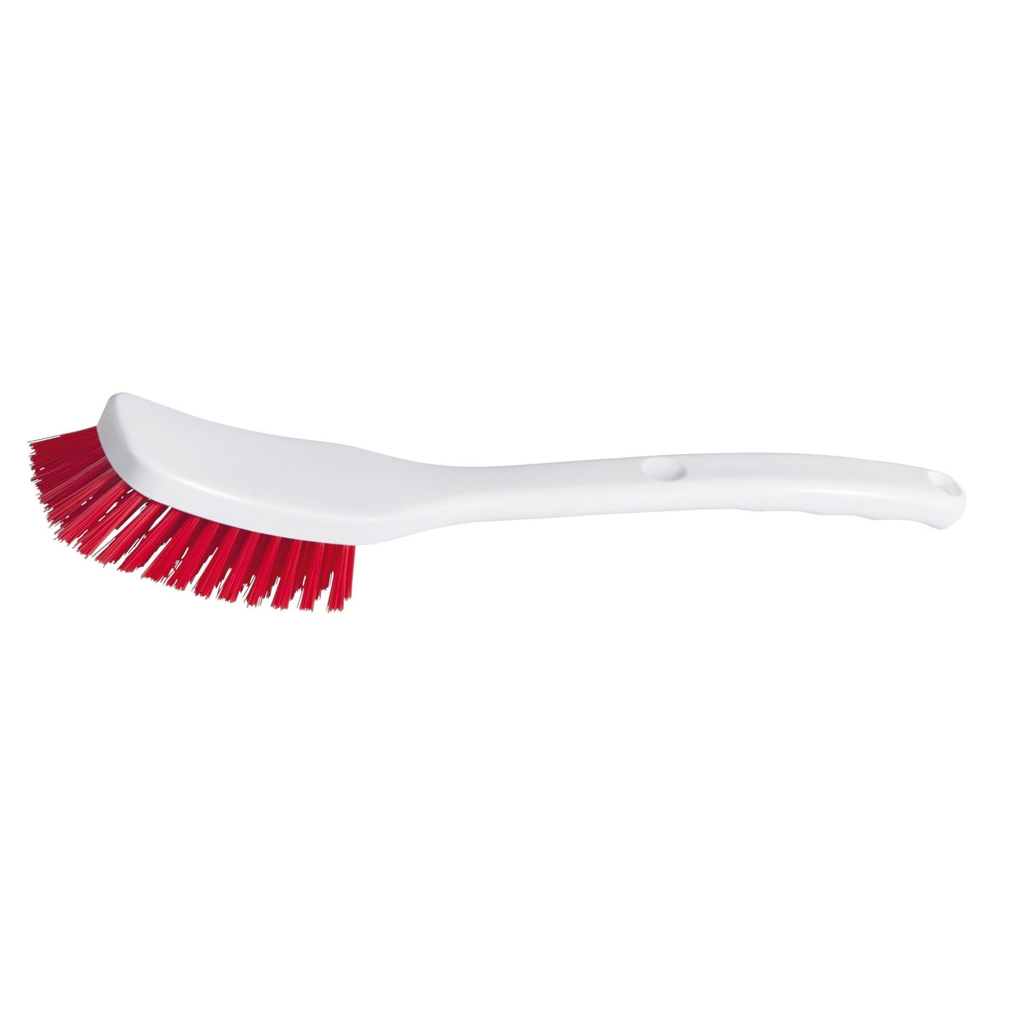 A escova universal - dureza média (295 x 40 x 55 mm, 2 peças) da Diversey Deutschland GmbH & Co. OHG é uma escova de louça de plástico branco com cabo curvado e cerdas vermelhas densas, ideal para a limpeza de todas as superfícies. Apresentada sobre um fundo branco simples.