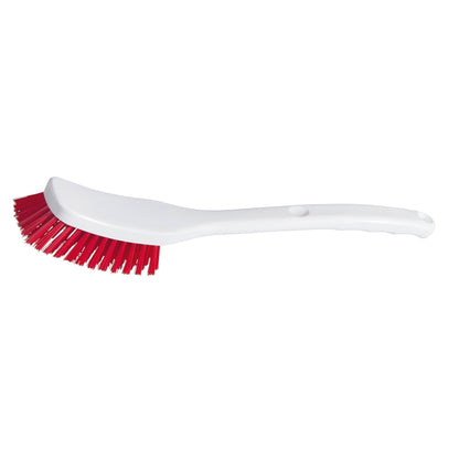 A escova universal - dureza média (295 x 40 x 55 mm, 2 peças) da Diversey Deutschland GmbH & Co. OHG é uma escova de louça de plástico branco com cabo curvado e cerdas vermelhas densas, ideal para a limpeza de todas as superfícies. Apresentada sobre um fundo branco simples.