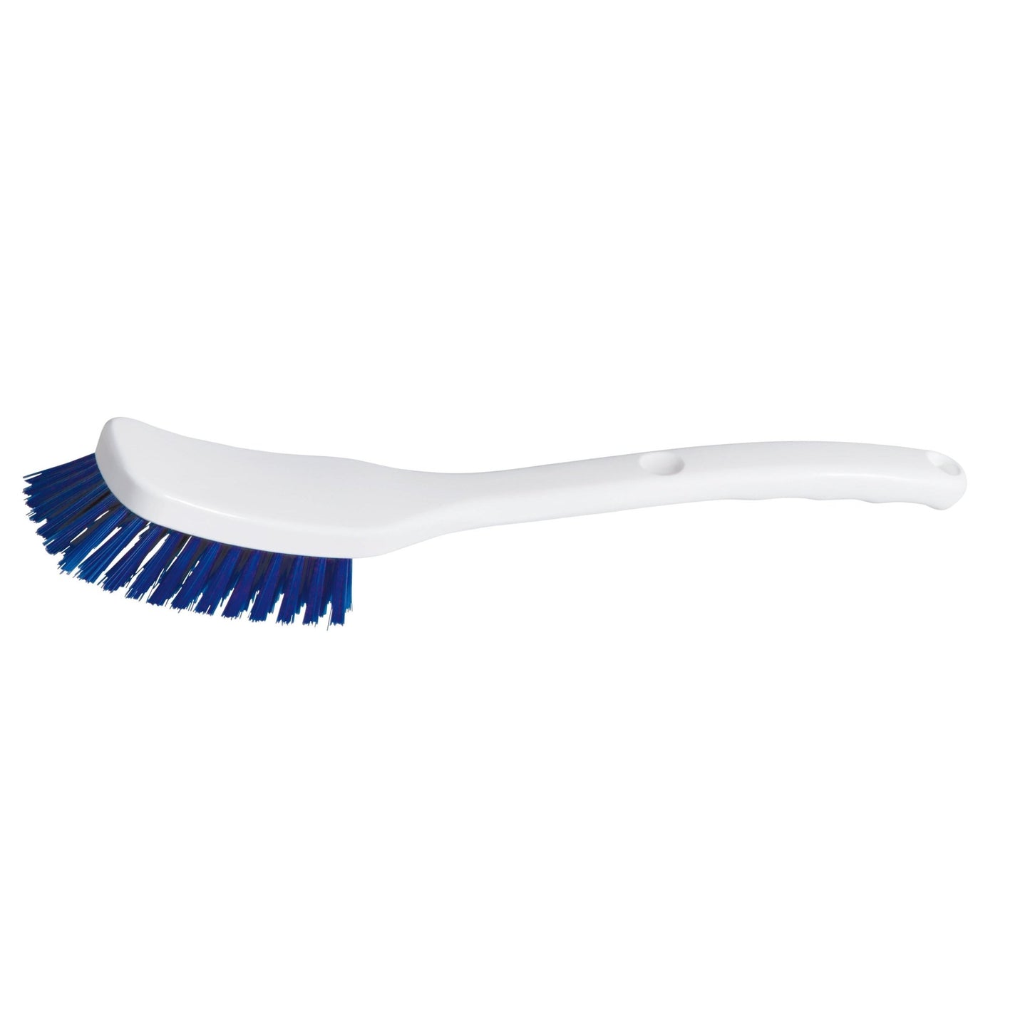A escova universal Diversey - dureza média (295 x 40 x 55 mm, 2 peças) tem cerdas azuis e um cabo angulado. Ideal para a limpeza de todas as superfícies, apresentada sobre um fundo branco sólido.