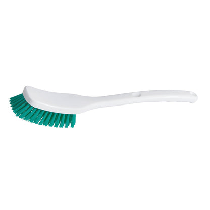 Uma escova universal branca - dureza média (295 x 40 x 55 mm) de plástico da Diversey Deutschland GmbH & Co. OHG, com cabo longo e cerdas verdes, está posicionada horizontalmente sobre um fundo branco simples. Ideal para a limpeza de todas as superfícies. Conjunto com 2 peças.