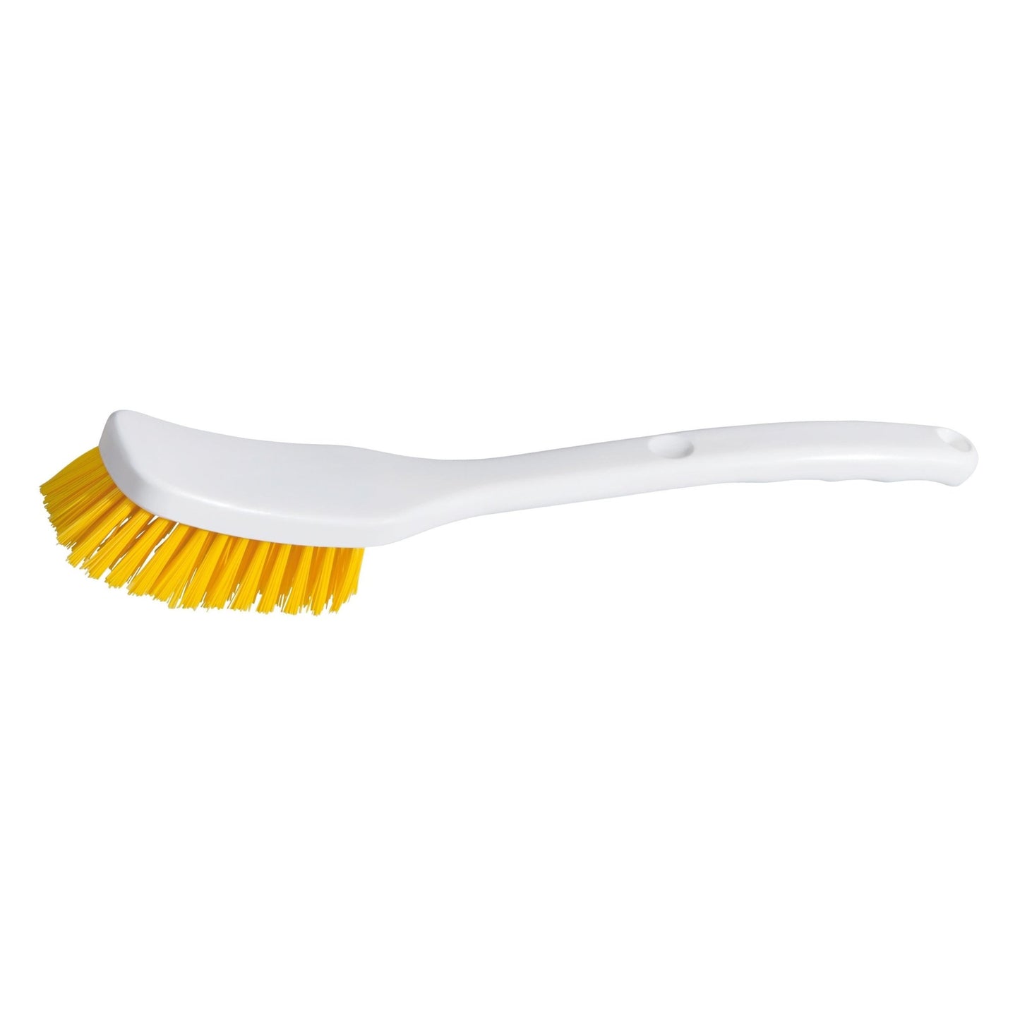 A escova universal - dureza média (295 x 40 x 55 mm, 2 peças) da Diversey Deutschland GmbH & Co. OHG possui um corpo de plástico branco, um cabo curvado e cerdas amarelas - ideal para a limpeza de todas as superfícies; apresentada sobre um fundo branco simples.