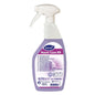 Uma garrafa de spray branca de 0,75 l Diversey Room Care R9 Limpeza Sanitária Ácida da Diversey Deutschland GmbH & Co. OHG, com solução de limpeza violeta e instruções multilíngues; disponível em caixas com 6 garrafas.