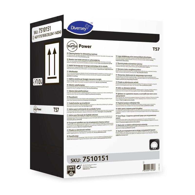 Uma caixa branca de Suma Power T57 Alkalibooster para sistemas de lavagem de louça mecânicos da Diversey Deutschland GmbH & Co. OHG, com instruções multilingues, lateral preta e SKU 7510151 em dois rótulos.