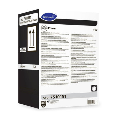 Uma caixa branca de Suma Power T57 Alkalibooster para sistemas de lavagem de louça mecânicos da Diversey Deutschland GmbH & Co. OHG, com instruções multilingues, lateral preta e SKU 7510151 em dois rótulos.