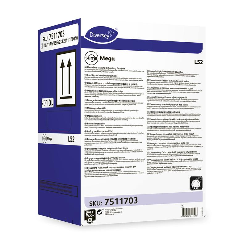 O detergente para louça para água macia Diversey Deutschland Suma Mega L52 é entregue em uma caixa retangular com informações do produto, instruções de uso e símbolos de segurança na frente e nas laterais.