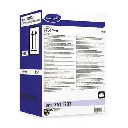 O detergente para louça para água macia Diversey Deutschland Suma Mega L52 é entregue em uma caixa retangular com informações do produto, instruções de uso e símbolos de segurança na frente e nas laterais.