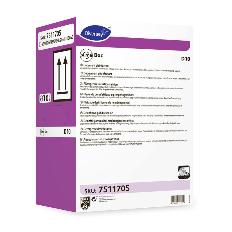 Uma caixa branco-violeta com a inscrição "Suma Bac D10, Desinfetante" da Diversey Deutschland GmbH & Co. OHG (SKU 7511705) com instruções multilíngues e detalhes do produto, bem como setas indicando a posição vertical correta.