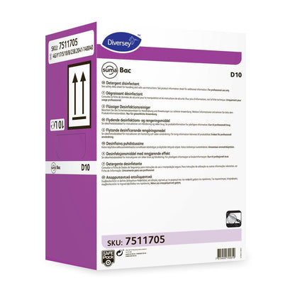Uma caixa branco-violeta com a inscrição "Suma Bac D10, Desinfetante" da Diversey Deutschland GmbH & Co. OHG (SKU 7511705) com instruções multilíngues e detalhes do produto, bem como setas indicando a posição vertical correta.