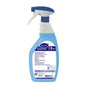 Uma garrafa de spray azul e branca de 750ml "Diversey Suma Rapid D6, Limpador Universal de Vidros e Superfícies" da Diversey Deutschland GmbH & Co. OHG, rotulada com informações do produto e instruções para limpeza sem manchas.