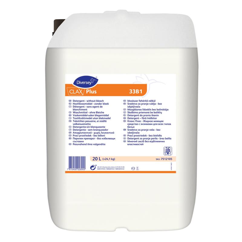 Um recipiente de plástico branco de 20 litros com Clax Plus 33B1 Detergente líquido sem lixívia da Diversey Deutschland GmbH & Co. OHG, ideal para lavanderias comerciais, com etiqueta azul-laranja em várias línguas.