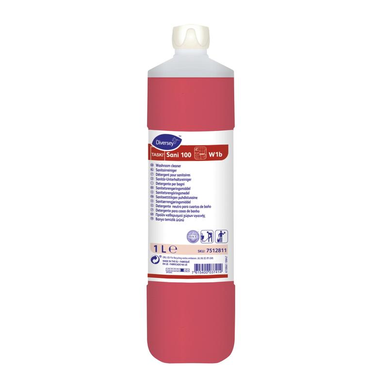 Uma garrafa de 1 litro de TASKI Sani 100 Detergente Sanitário Neutro da Diversey Deutschland GmbH & Co. OHG tem uma tampa branca, um corpo vermelho e um rótulo branco com detalhes do produto e instruções de uso em várias línguas para a limpeza sanitária higiênica.