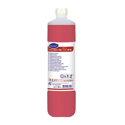 Uma garrafa de 1 litro de TASKI Sani 100 Detergente Sanitário Neutro da Diversey Deutschland GmbH & Co. OHG tem uma tampa branca, um corpo vermelho e um rótulo branco com detalhes do produto e instruções de uso em várias línguas para a limpeza sanitária higiênica.