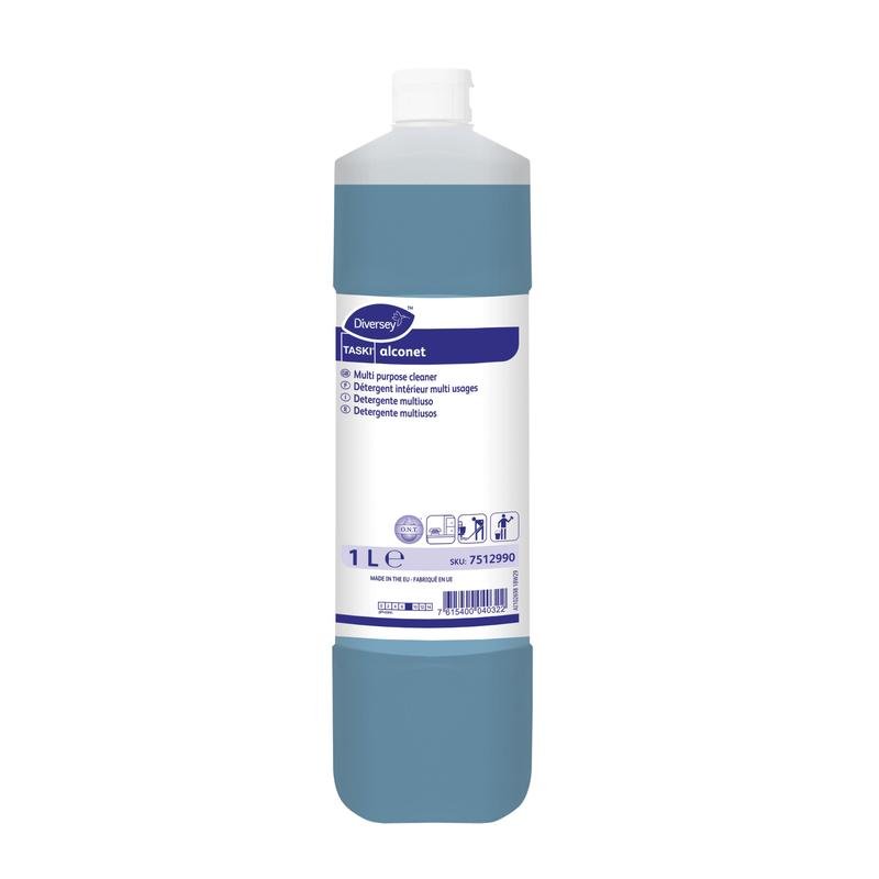 Uma garrafa de 1 litro do limpador multiuso azul TASKI Alconet da Diversey Deutschland GmbH & Co. OHG. O rótulo contém instruções de uso multilíngues e destaca a versatilidade e o poder de limpeza deste produto.